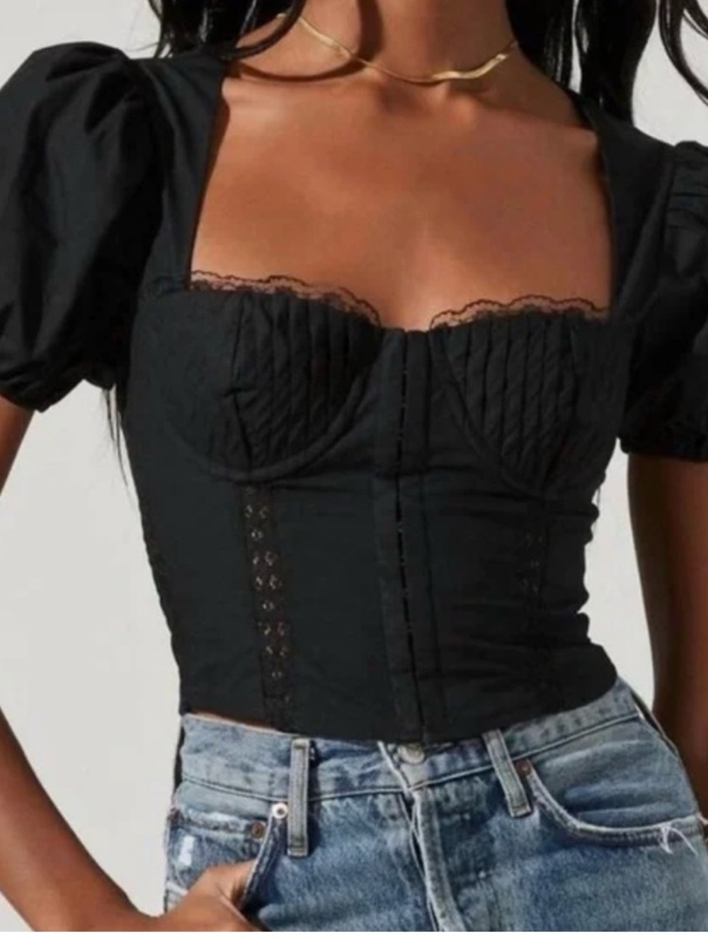 Astr Black Lace-Trim Corset Puff Sleeve Crop Top